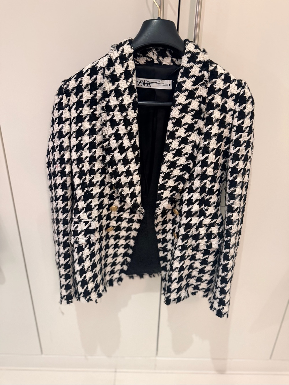 Zara Black & White Houndstooth Tweed Blazer with Gold Buttons